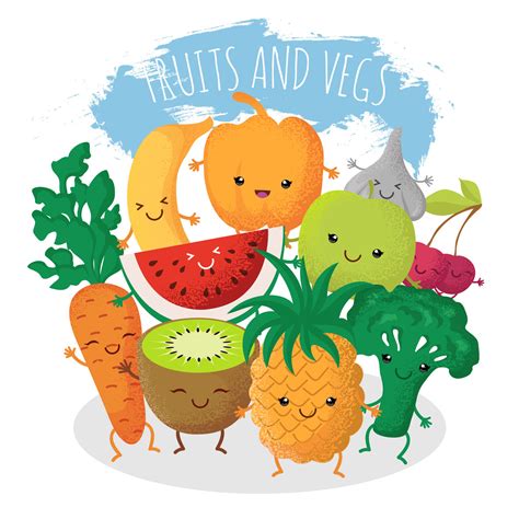 Group of funny fruit and vegetables friends. Vector characters with ha ...