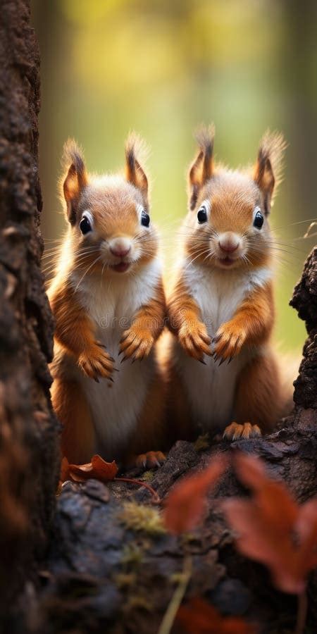 Two Funny Little Squirrels the Autumn Forest Look at the Camera ...