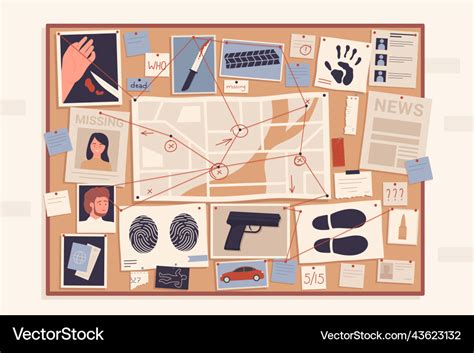 Crime evidence board with pins and red thread Vector Image