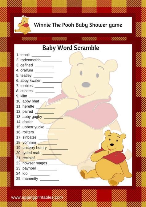 Winnie The Pooh Baby Shower game word scramble | Baby bear baby shower ...