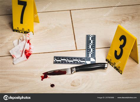 Crime scene investigation. Bloody knife. Evidence of murder Stock Photo ...