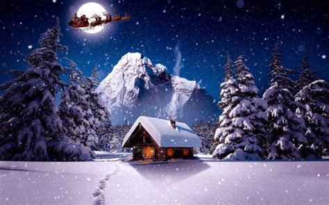 Christmas Wallpaper Hd Landscape Winter Santa Claus Sleigh Snow Moon Log Cabin : Wallpapers13.com