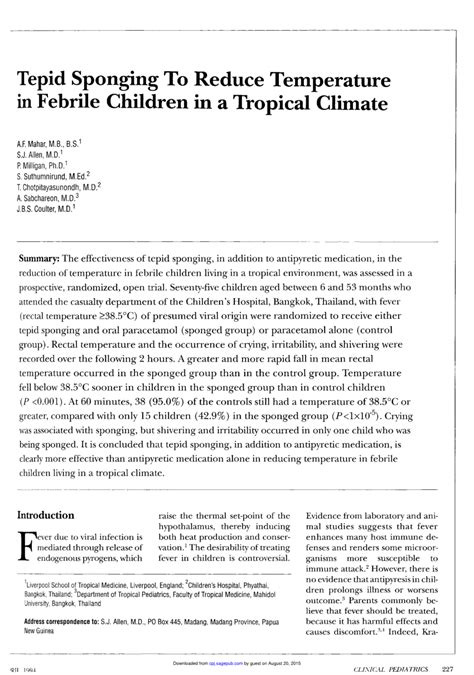 (PDF) Tepid Sponging to Reduce Temperature in Febrile Children in a Tropical Climate