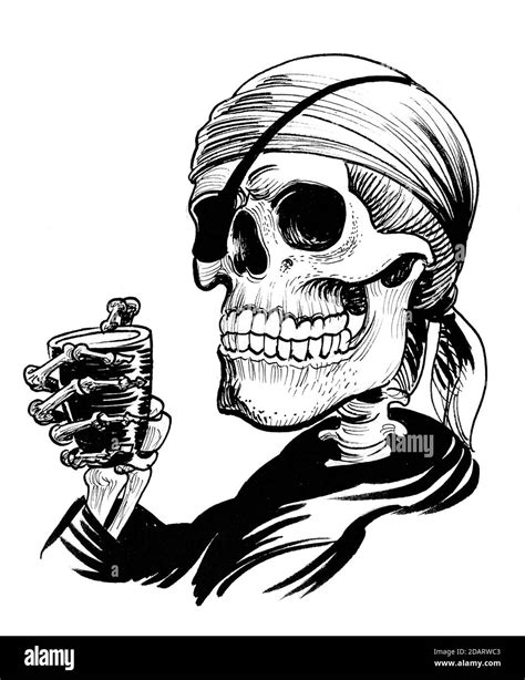 Pirate skeleton with eye patch holding a glass of rum. Ink black and ...