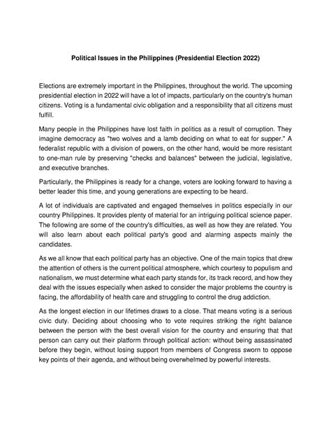 Political Issues in the Philippines - The upcoming presidential election in 2022 will have a lot ...