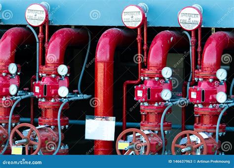 Main Supply Water Piping In The Fire Extinguishing System. Fire Sprinkler System With Red Pipes ...