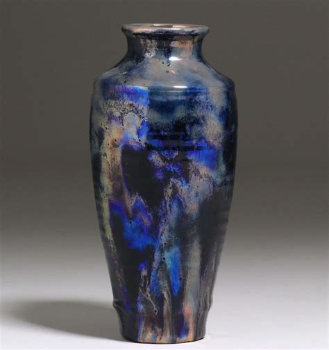 Tall Pewabic Pottery Iridescent Blue Vase | California Historical Design