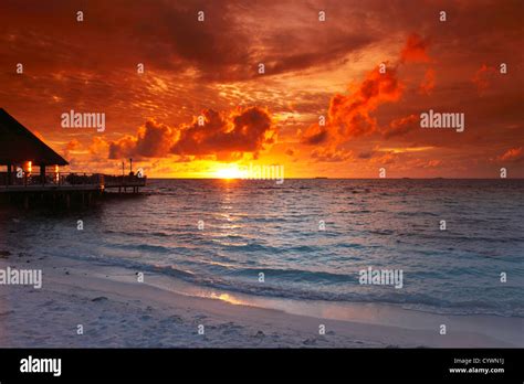 Beach and tropical resort hotel of Maldives on sunset Stock Photo - Alamy