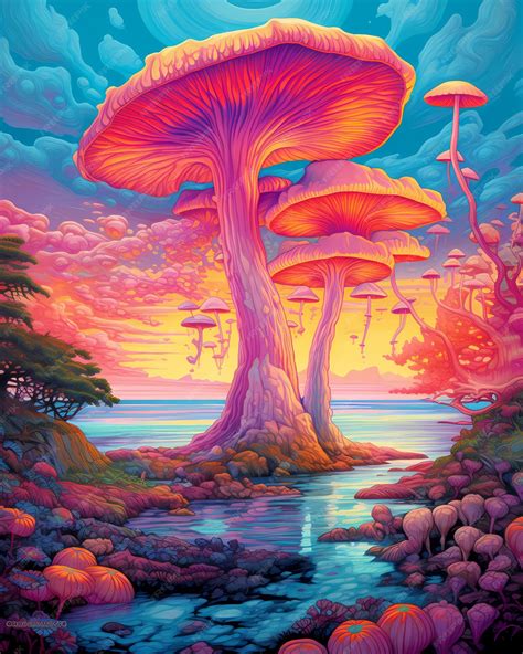 Premium AI Image | A painting of a forest with a colorful mushroom and ...