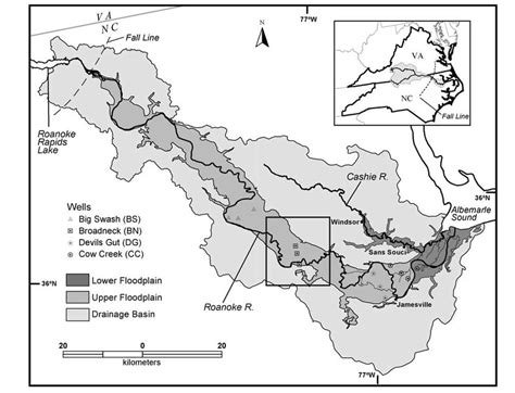 Map of the lower Roanoke River basin, North Carolina. Also shown are... | Download Scientific ...