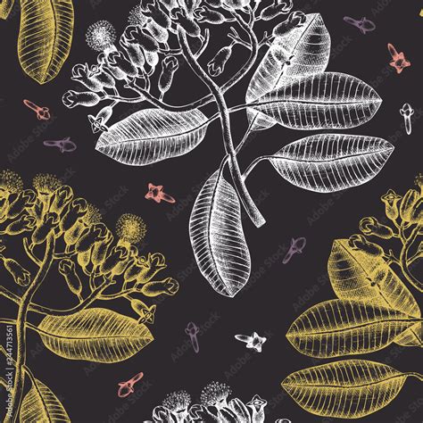 Seamless pattern with hand drawn clove tree leaves, flowers and seeds ...