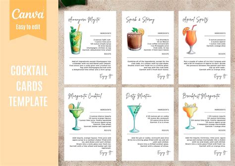 Cocktail Recipe Card Template Canva Drink Recipe Cards - Etsy