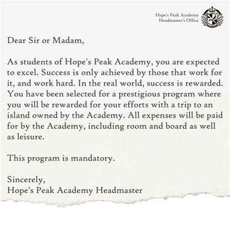 Tea Etiquette Academy — [Dear Sir or Madam, As students of Hope’s Peak...