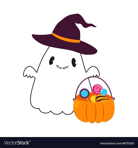 Halloween with little ghost creature in witch hat Vector Image