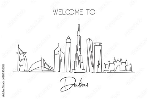 One continuous line drawing of Dubai city skyline United Arab Emirates. Beautiful city landmark ...