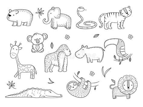 Jungle Animals. African Safari Wildlife Monkey Hippopotamus Tiger Lines Vector Drawing Pictures ...