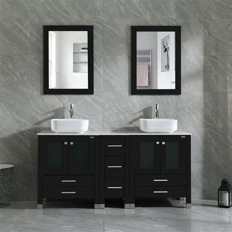 Wonline 60 inches Bathroom Vanity Wood Cabinet Double White Ceramic Vessel Sink Square Modern ...