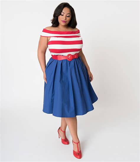 Plus Size Red & White Stripe Off Shoulder & Blue Nautical Swing Dress | Red white blue dress ...