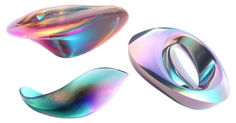 Set of abstract multicolor shapes on transparent background. Metallic holographic color. Trendy ...