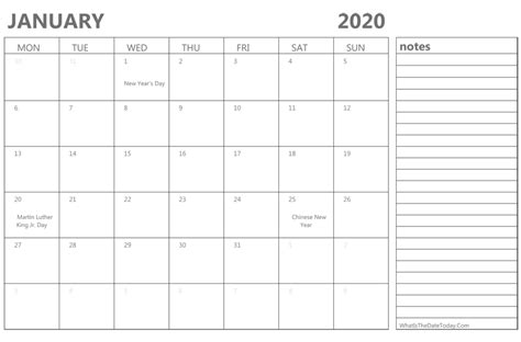 Editable January 2020 Calendar with Holidays and Notes | Whatisthedatetoday.Com