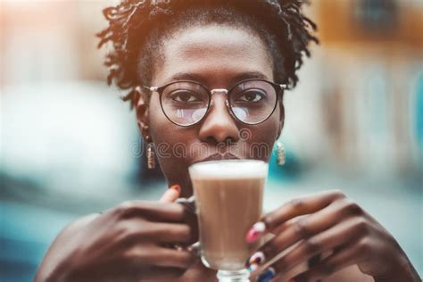 Young Black Girl in Cafe Drinking Coffee and Work on Laptop Stock Photo - Image of ebony, look ...