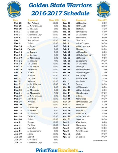 Printable Warriors Schedule