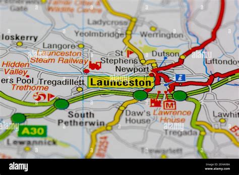 Launceston and surrounding areas shown on a road map or Geography map Stock Photo - Alamy