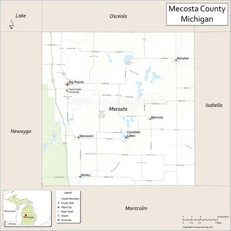 Map of Mecosta County, Michigan showing cities, highways & important ...