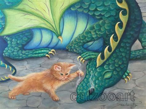 Cat and Sleeping Dragon | Kitten Art | catzooart