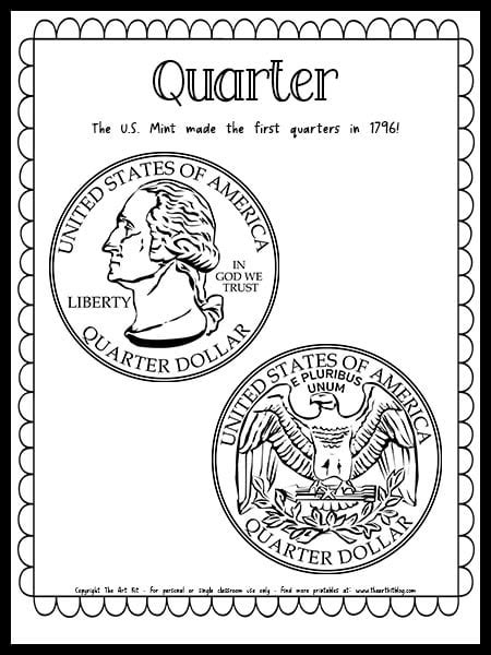 Quarter Coin - Money Coloring Page {FREE Printable Download!} - The Art Kit