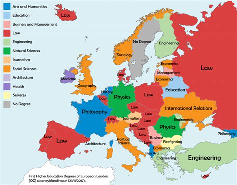 Map of first higher education degrees of European country leaders - Vivid Maps