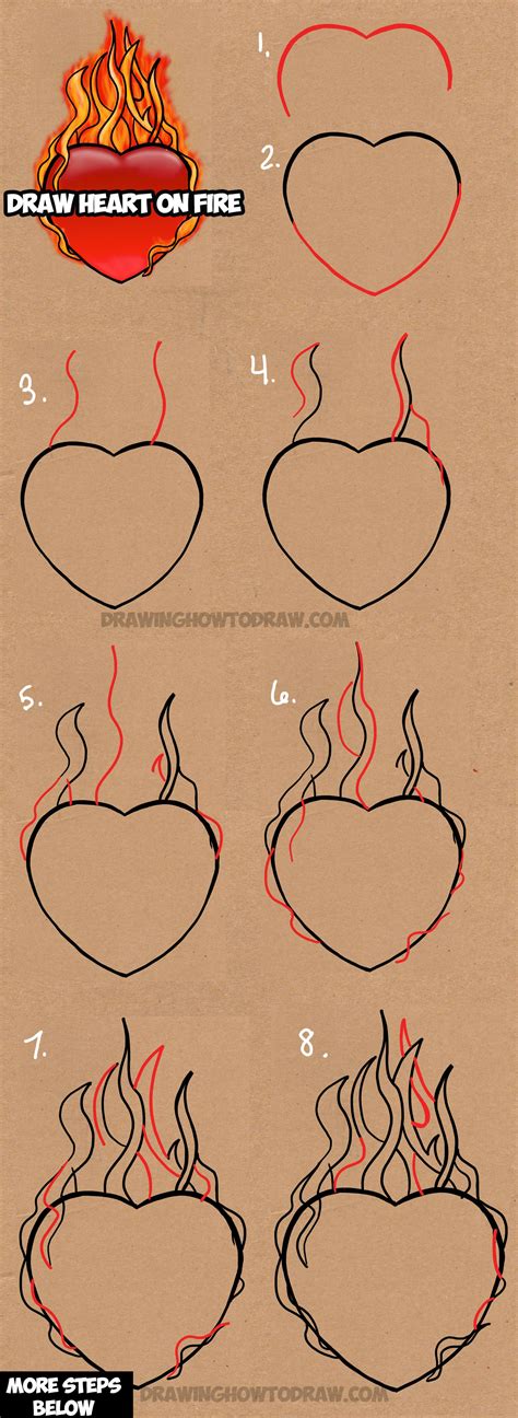 How to Draw a Flaming Heart on Fire with Step by Step Drawing Tutorial ...