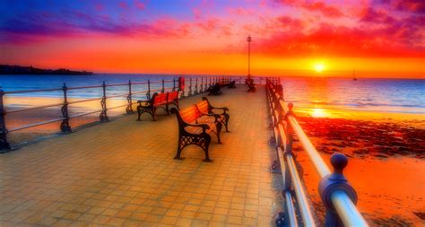 Download HDR Orange (Color) Yellow Sky Sun Bench Pier Ocean Photography Sunset Wallpaper