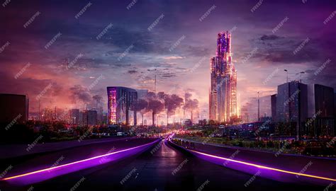 Premium Photo | Road to night city glowing purple skyline with skyscrapers