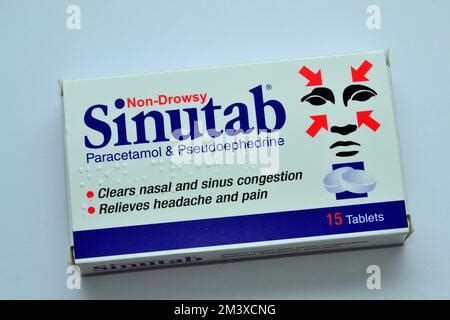 Exterior of box of Sinutab tablets: contains paracetamol and pseudoephedrine to clear nasal and ...