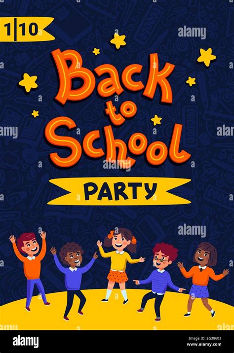 Back to school party poster. School dance party flyer. Flat style ...