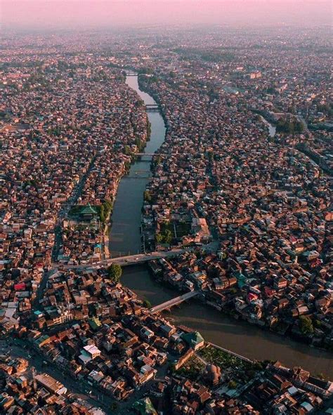 Aerial view of old city of Srinagar, the largest city and summer capital of the union territory ...