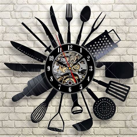 Cutlery Wall Clock Modern Design Spoon Fork Clock Kitchen Watch Vintage Retro Style Vinyl Recor ...