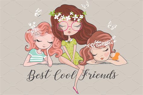 Three cute girls.Cartoon Characters. | People Illustrations ~ Creative Market