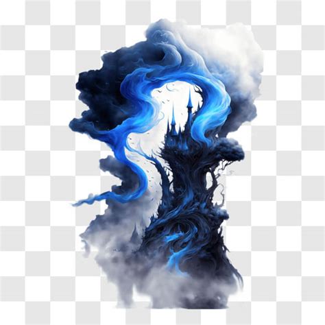 Download Mysterious Upside-down Castle Tower with Blue Smoke PNG Online - Creative Fabrica