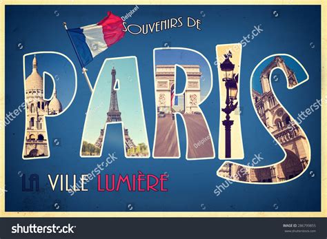 Collage Souvenirs De Paris, La Ville Lumiere (Meaning Greetings From Paris The City Of Light ...