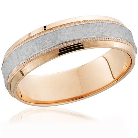 14k Rose Gold & Platinum Two Tone Hammered Mens Wedding Band Comfort Fit