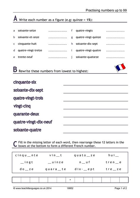 Worksheet | Numbers 1-99 | KS3 French teaching resource | Teachit