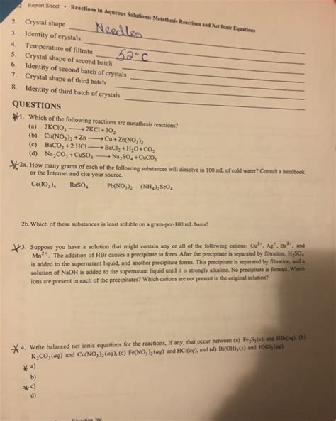 the questions, please. thank you. Report Sheet Reactions in Aqueous Solutions: Metathesis ...