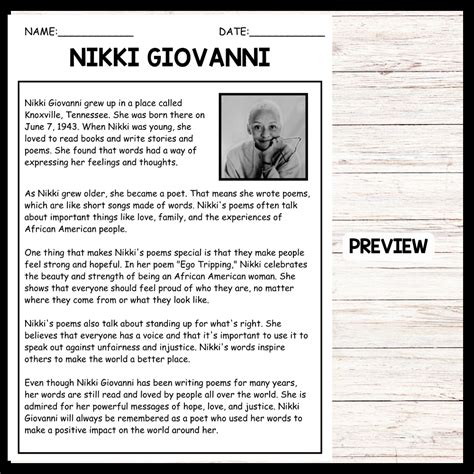 National Poetry Month Nikki Giovanni BIOGRAPHY Reading Comprehension | Made By Teachers