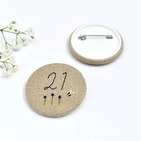 21st Birthday Badge, Custom Pin, Personalised Badge, Embroidered Natural Linen Fabric 21 ...