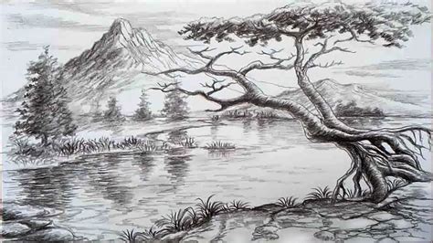 how to draw realistic scenery with pencil - Mountain and lake - YouTube