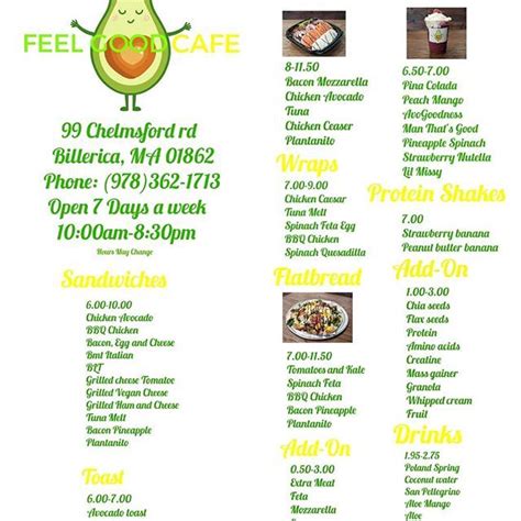 Menu for Feel Good Cafe 99 Chelmsford road Billerica MA 01862, Call ...