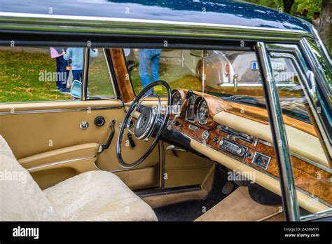 BADEN BADEN, GERMANY - JULY 2019: beige leather interior of MERCEDES ...