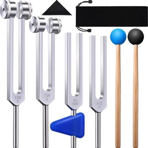 4 Pack Tuning Fork Set(128 Hz,256 Hz,512 Hz,528 Hz)with Tuning Fork Hammer for Sound Healing ...